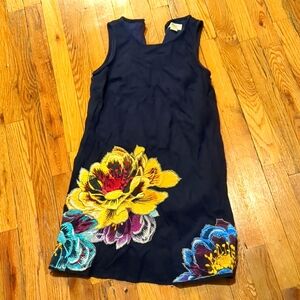 XSP Maeve Anthropologie navy sleeveless dress with floral embroidery